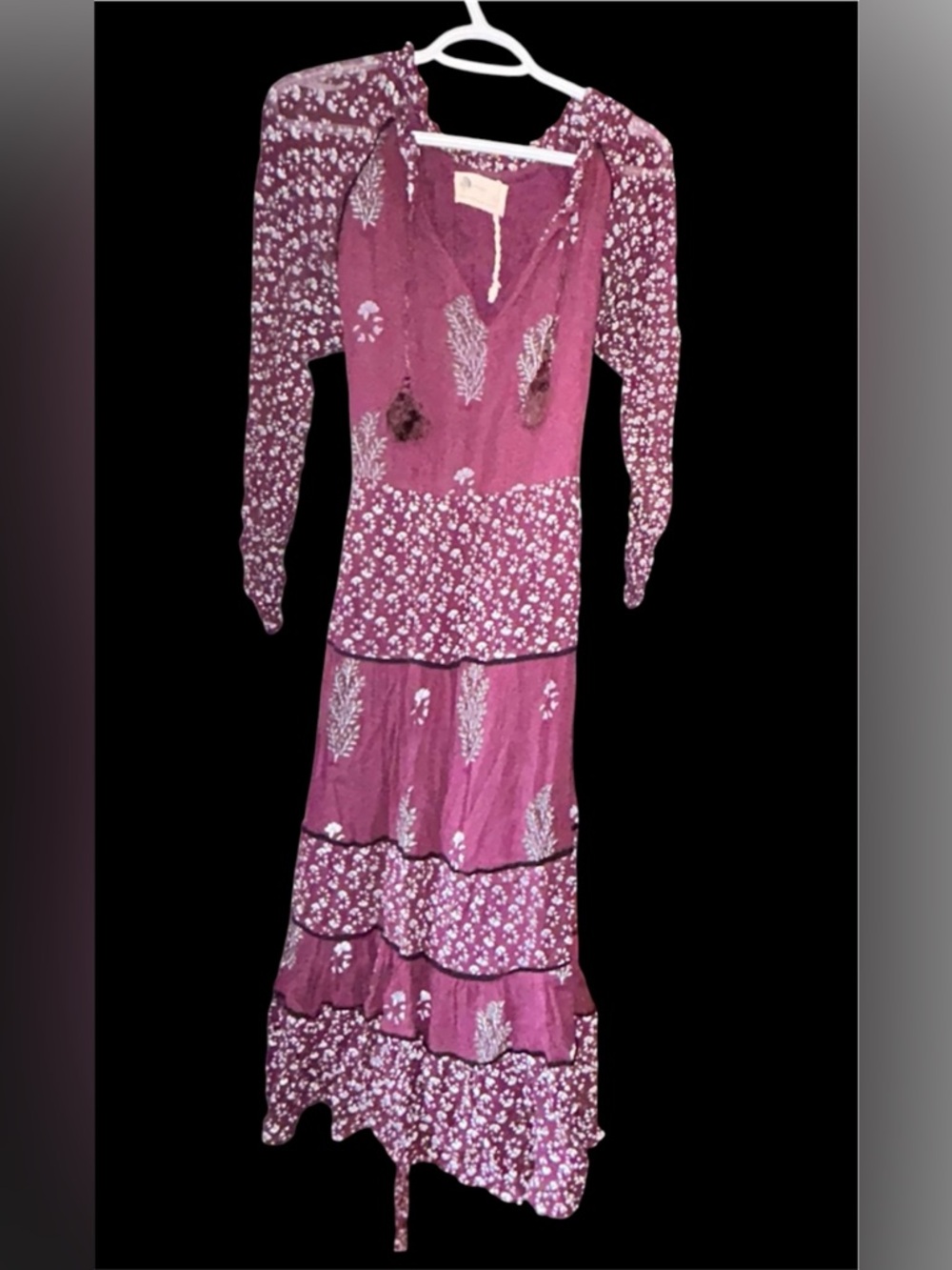 Anthropologie Kopal Hand Block Print Maxi Dress Maroon Floral Boho Medium